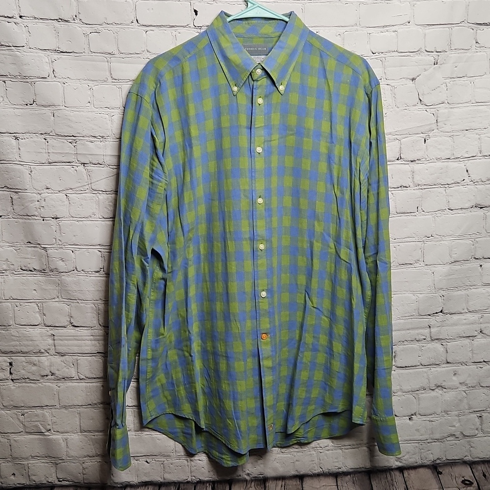Thomas Dean Green Blue Checkered Long Sleeve Shirt Large